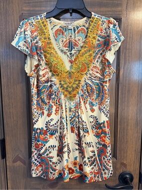 ONE WORLD Multi-Color Embroidered V-Neck Tunic